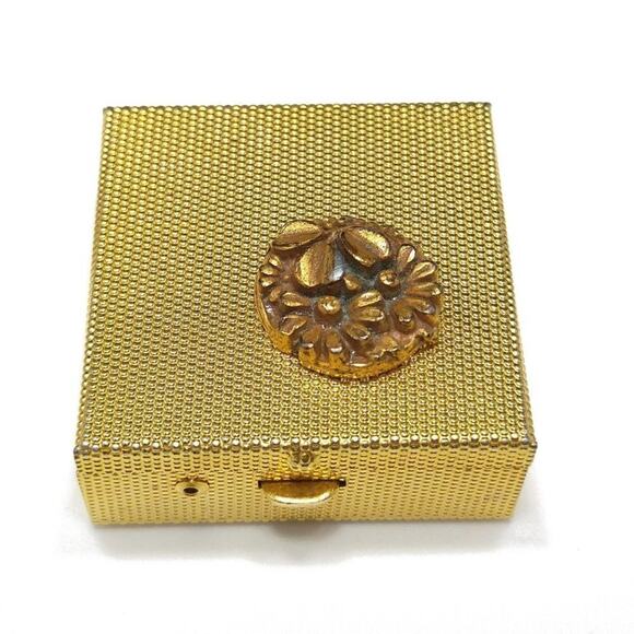 Vintage Flower Pill Box, Textured Gold Tone, Push Button Clasp, 1 3/8 Inches - Picture 10 of 10